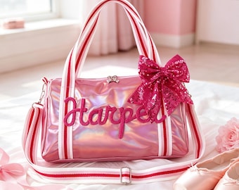 Little Girls Dance Bag, Personalized Gymnastics Travel Duffel with Bow, Dance Recital Gifts