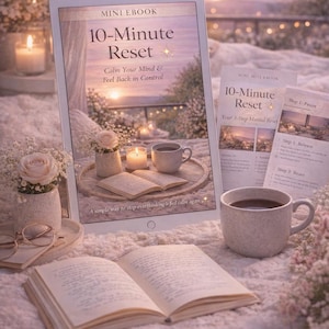 May include: A digital tablet displays the text "10-Minute Reset" with the tagline "Calm Your Mind & Feel Back in Control." The image includes a book, coffee, and flowers, promoting a calming theme. The text "A simple way to stop overthinking & feel calm again" is also visible.