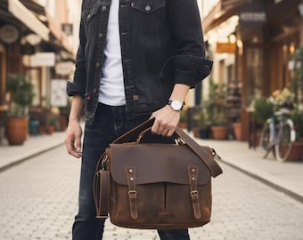 Vintage Genuine Leather Briefcase Laptop Messenger Bag Crazy Horse Cowhide Retro Handbag