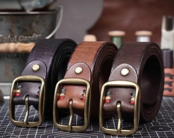Cinturón vintage de cuero genuino para hombre con hebilla de latón, hecho a mano en piel de vaca italiana gruesa, con caja de regalo.