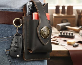 Riñonera vintage de cuero genuino con funda para teléfono, estuche para cinturón y cartera para hombre.