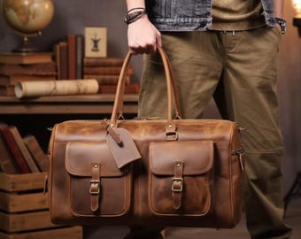 Borsa da viaggio vintage in vera pelle Crazy Horse, borsa da weekend/palestra.