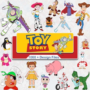 May include: A collection of colorful cartoon character illustrations from the animated film "Toy Story." The image includes characters like Buzz Lightyear, Woody, Jessie, and others. The image also contains the text "TOY STORY" and "1000+ Design Files."