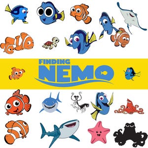 May include: A collection of cartoon illustrations of characters from the movie "Finding Nemo." The image features various fish, a turtle, a shark, and other sea creatures. The title "Finding Nemo" is displayed in blue letters on a yellow background.