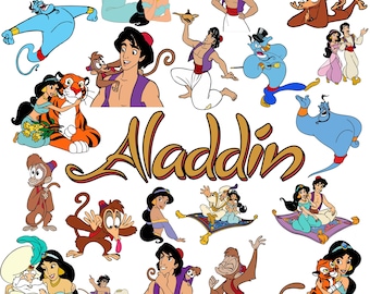 Aladdin PNG Bundle Clipart Jasmine Genie Abu Tapis Magique Anniversaire Sublimation Designs