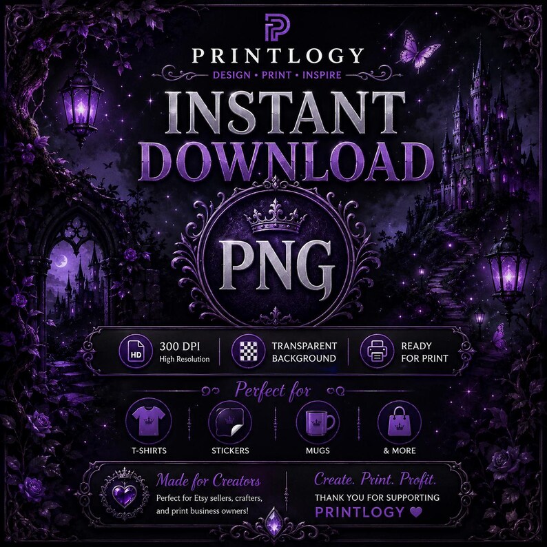 May include: A digital download graphic with a dark purple gothic theme. The image features the text "INSTANT DOWNLOAD" and "PNG" in a decorative frame, along with icons for t-shirts, stickers, and mugs. The background includes a castle and a moon.