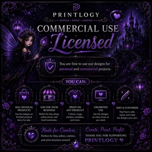 May include: A digital graphic with a dark purple and black theme, featuring a fairy, castle, and text that reads "COMMERCIAL USE Licensed." The image promotes the use of designs for personal and commercial projects, including physical products and online businesses.