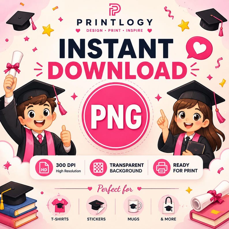 Graduation PNG Bundle Cartoon Characters Cap Gown Diploma Senior 2026 ...