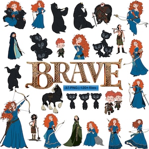 Puede incluir: Una colección de ilustraciones digitales con personajes y elementos de la película animada "Brave". Las imágenes incluyen el personaje principal, osos y la palabra "BRAVE" en una fuente decorativa. La colección incluye 37 archivos PNG y más de 120 archivos.