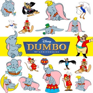 May include: A collection of Dumbo cartoon character illustrations. The characters include Dumbo the elephant, Timothy Q. Mouse, and other circus performers. The image also features the Disney Dumbo logo with the text "70th Anniversaire".