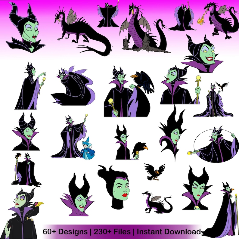 May include: A collection of digital designs featuring the character Maleficent from Disney's Sleeping Beauty. The images showcase various poses, including her dragon form, with a color palette of black, purple, and green. Text at the bottom reads "60+ Designs | 230+ Files | Instant Download".