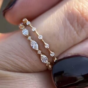 Obrączka ślubna z moissanitem markizy w 14-karatowym żółtym złocie, delikatne pierścionki rocznicowe z naprzemiennymi bąbelkami, minimalistyczne, układane obrączki ślubne