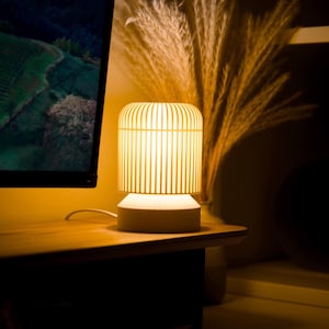 Puede incluir: Una pequeña lámpara de mesa cilíndrica que emite un brillo cálido. La lámpara tiene una pantalla de listones de color claro sobre una base blanca. Está enchufada en un escritorio de madera, con un monitor de ordenador y plantas secas decorativas en el fondo.