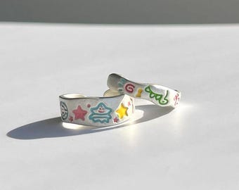 Colorful Doodle Ring, Cute Cartoon Pattern Ring, Silver Open Band Ring, Dopamine Aesthetic Jewelry, Summer Cute Ring Gift for Her