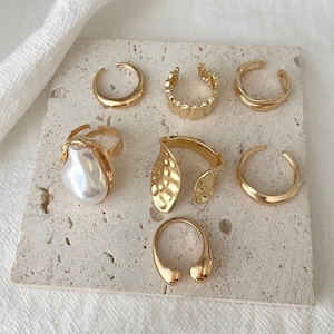 Vintage Stackable Ring Set, Adjustable Statement Rings, Retro Pearl Detail Jewelry, Gold Silver Layered Rings, Minimalist Boho Ring