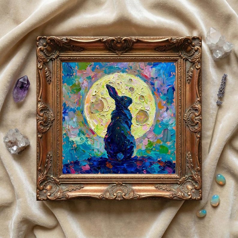 Black Rabbit Moon Painting, Celestial Bunny Wall Art, Mystical Night ...