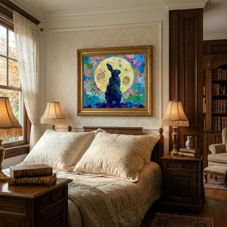 Black Rabbit Moon Painting, Celestial Bunny Wall Art, Mystical Night ...