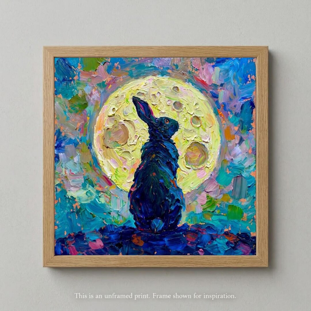 Black Rabbit Moon Painting, Celestial Bunny Wall Art, Mystical Night ...