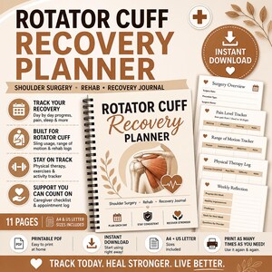 Può includere: Un Rotator Cuff Recovery Planner con rilegatura a spirale e copertina marrone. Il planner include sezioni per il monitoraggio del recupero, la fisioterapia e i livelli di dolore. Il testo include "Chirurgia della spalla, Riabilitazione, Diario di recupero".
