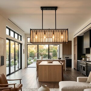 Modern Farmhouse Rectangular Chandelier – 4 Light Wood Bead Pendant