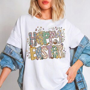 Happy Easter , Pastel Patchwork Design, Bunny artwork & Chick Pattern PNG,  Floral Art