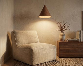 Conical Scandinavian Pendant – Nordic Wood Grain Hanging Lamp – Modern Nordic Style