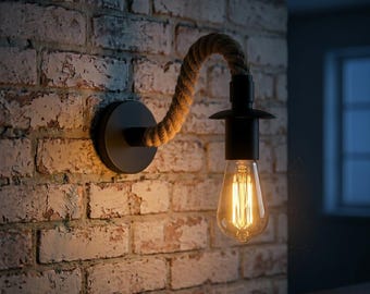 Swan Neck Rope Wall Light – Rustic Vintage Sconce – Café & Bedroom Wall Lighting