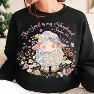 Patchwork Lamb Clipart, Embroidered Flowers Scripture Printable Artwork