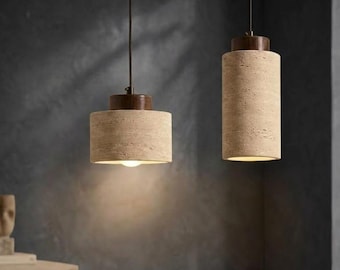 Japanese Travertine Pendant – Natural Travertine & Wood – Minimalist Stone Shade
