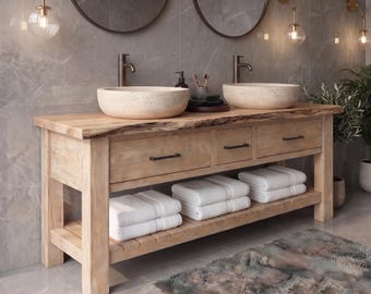 Rustic Wooden Bathroom Vanity with Drawers, Live Edge Countertop, Reclaimed Solid Wood