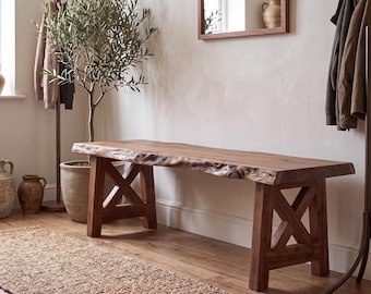 Rustic Wooden Entryway Bench - Solid Wood Dining Bench for Farmhouse Decor, Handmade Hallway Seating