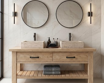 Rustic Wooden Bathroom Vanity with Drawers, Reclaimed Solid Wood, Single Double Sink