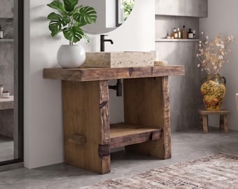 Rustic Wooden Small Bathroom Vanity, Reclaimed Solid Wood, Single Sink Base