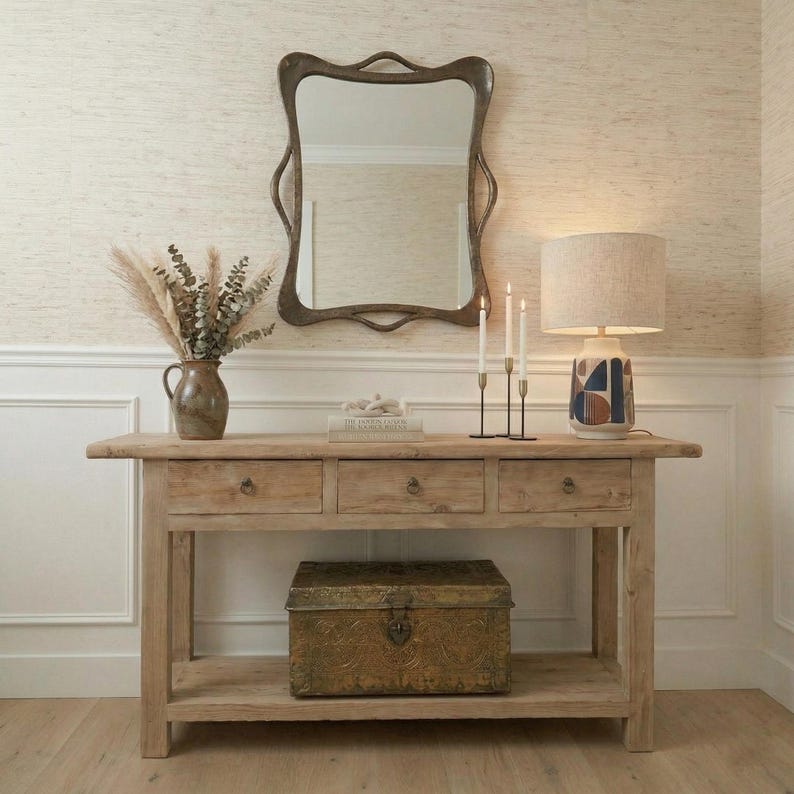 Solid Wood Rustic Console Table With 3 Drawers, Entryway Foyer Storage ...