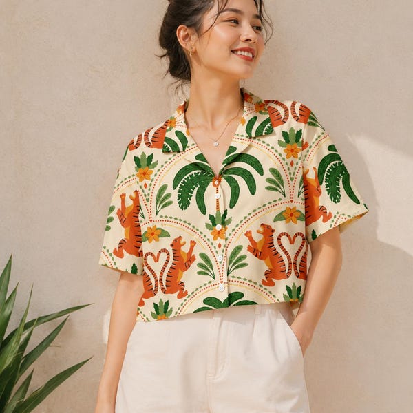 Tiger Print Crop Hawaiian Shirt, Short Sleeve Summer Top, Women’s Beach Vacation Shirt, Lightweight Casual Holiday Shirt
