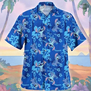 May include: Blue Hawaiian shirt featuring a repeating pattern of a cartoon character and floral designs. The short-sleeved shirt has a button-down front and a classic collar. The background shows a beach scene with palm trees.