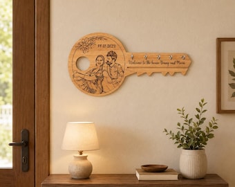 Personalized Wooden Key Holder with Custom Name and Couple Photo, Key Shaped Wall Rack, Housewarming Gift