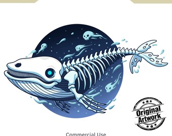 Ghost Whale PNG, Original Artwork, Skeleton Sticker, Sea Creature Sublimation, Halloween Printable Wall art, Commercial Use, 7000x7000px