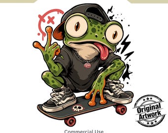 Skater Frog PNG, Original Artwork, Skateboarding Toad Sticker, Skate Park Printable Wall Art,  Commercial Use 7000 x 7000px