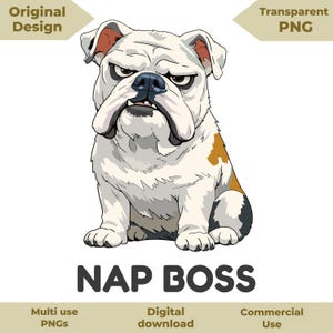 Könnte beinhalten: Eine digitale Illustration einer weißen Bulldogge mit braunen und schwarzen Flecken und einem mürrischen Gesichtsausdruck. Unter dem Hund steht der Text NAP BOSS in einer fetten, dunkelgrauen serifenlosen Schrift. Das Design ist auf weißem Grund.