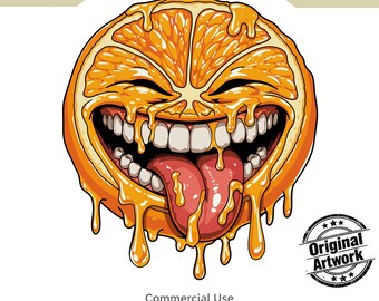 Funny Orange PNG, Original Artwork, Fruit Sticker, Crazy Smile Sublimation, Halloween Printable Wall art, Commercial Use, 7000x7000px
