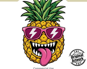 Crazy Pineapple PNG, Original Artwork Sticker, Trippy Summer Fruit, Tropical Printable Wall art, Commercial Use, 7000x7000px