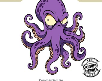 Violet Octopus PNG, Original Artwork, Moody kraken Sticker, Grumpy Animal Printable Wall Art,  Commercial Use 7000 x 7000px
