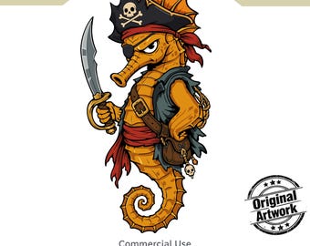 Pirate Seahorse PNG, Original Artwork, Ocean Adventure Animal Sticker, Sea Life Printable Wall Art,  Commercial Use 7000 x 7000px