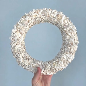 May include: A circular wreath constructed from a dense arrangement of various white and cream-colored seashells, small coral fragments, and tiny spherical beads. The shells vary in size and shape, creating a textured, layered surface.