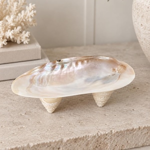 May include: An oval-shaped decorative bowl crafted from a polished iridescent seashell. The interior surface displays a pearlescent sheen with soft pink and cream tones. The bowl is supported by three small, conical seashell feet.