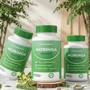 May include: Three white supplement bottles with green lids and labels. The labels read "MORINGA" and list benefits like supporting sleep and healthy joints. The bottles are arranged on a wooden surface with green foliage in the background.