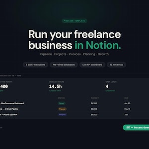 May include: Dark teal graphic promoting a Notion template for freelancers. Text reads "Run your freelance business in Notion." Includes pre-wired databases, a live KPI dashboard, and a 15-minute setup. Also shows a revenue summary.