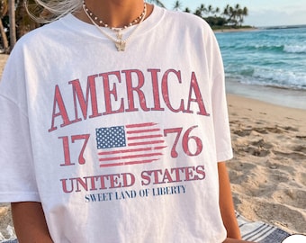 Camiseta retro americana del 4 de julio, camiseta preppy del 4 de julio, camiseta moderna extragrande de EE. UU., camiseta patriótica estética, colores cómodos, linda para el verano