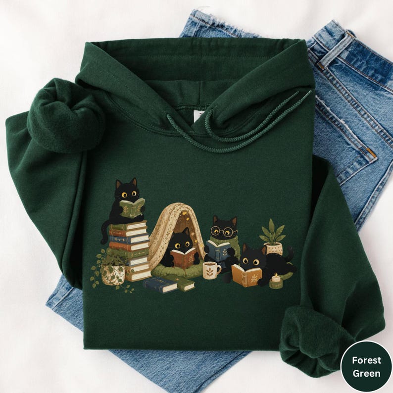 Sudadera con capucha de gato negro leyendo, sudadera con capucha de gato para amantes de los libros, regalo acogedor para lectoras, sudadera para mamás de gatos, regalo para bibliotecarias y maestras amantes de los libros imagen 13